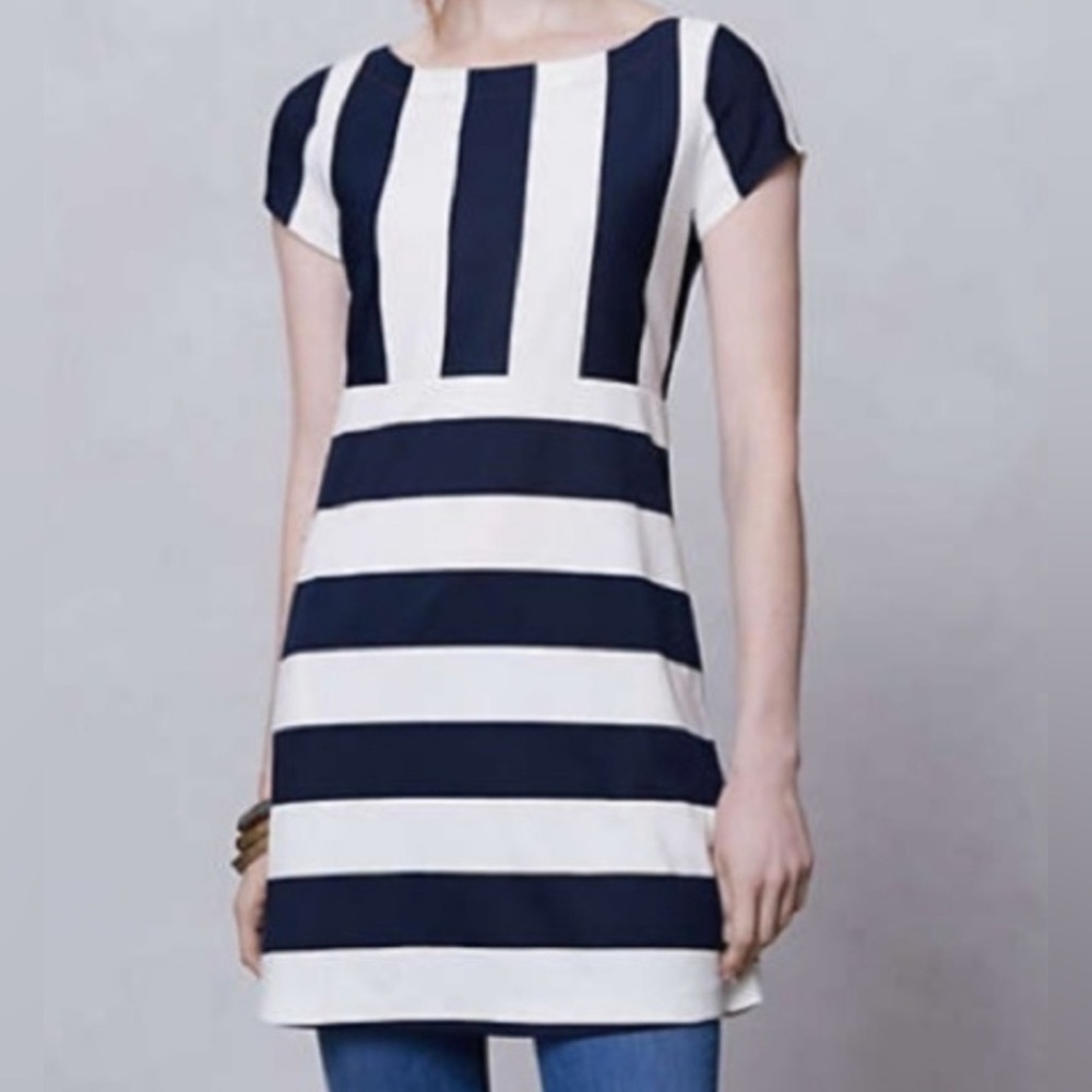 ANTHROPOLOGIE Blue and White Striped Dress with Red Bow and Pockets